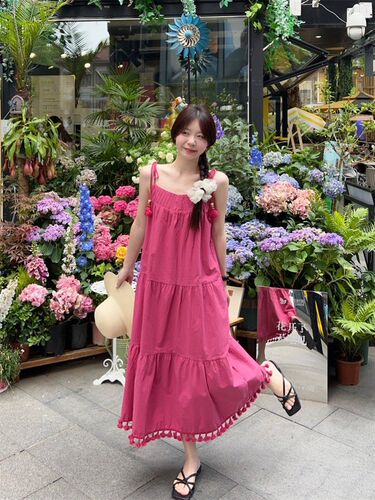 Magenta Vacation Style Flowy Spaghetti Strap Dress for Women 2025 Summer New Arrival Loose and Slimming Unique Long Dress