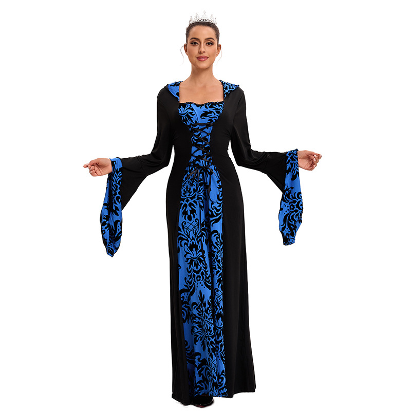 Las mujeres europeas y americanas populares cena medieval con capucha gran swing vestido impreso retro artístico de manga larga con cordones de cintura