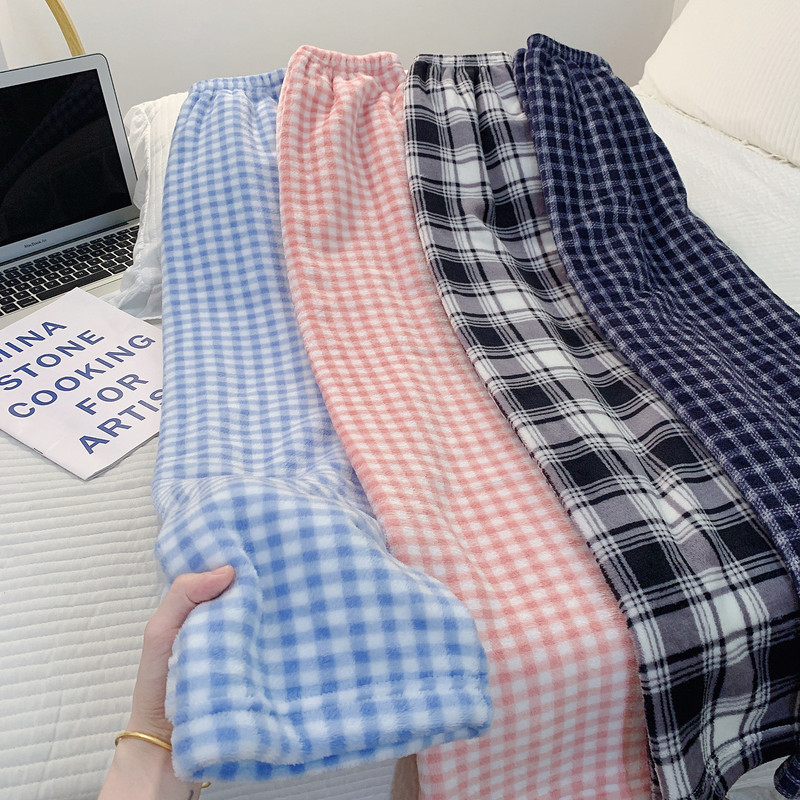 Autumn and Winter Flannel Pajamas Pajamas for Couples Women Simple Plaid Stripesd Men's Coral Velvet Loose Home Pants Pure Color