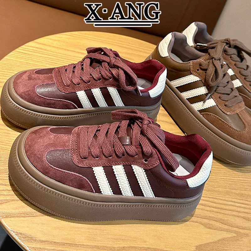 Ankora красные моральные тренировочные туфли из натуральной кожи на толстой подошве, женская обувь 2025, осенне-зимние новые универсальные ретро-кроссовки, повседневная спортивная обувь