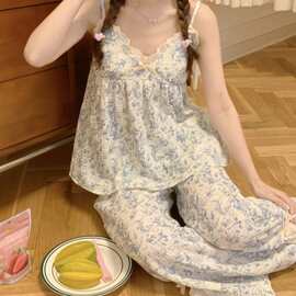 韩国ins女士夏季新品韩版少女水墨V领宽松花边家居服睡衣套装批发