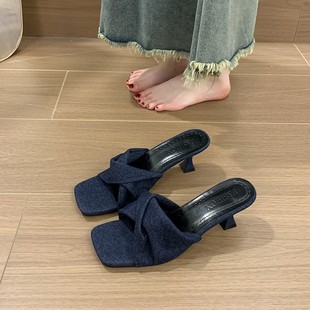 2025 New Denim Cross Strap Square Toe Stiletto Strap Slippers Temperament Fashion Easiest for Match High Heel Sandals for Women