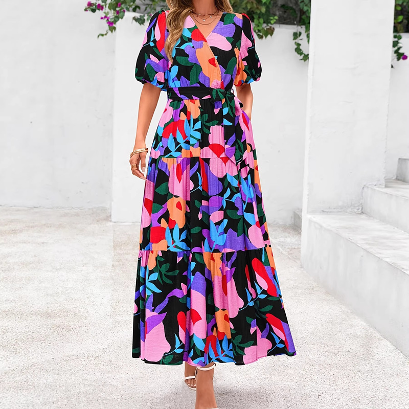European and American Cross-Border Spring and Summer Full-Body Printed V-Neck Tie Elegant Long Dress Factory Direct Sale European and American Cross-Border Spring and Summer Full-Body Printed V-Neck Tie Elegant Long Dress Factory Direct Sale