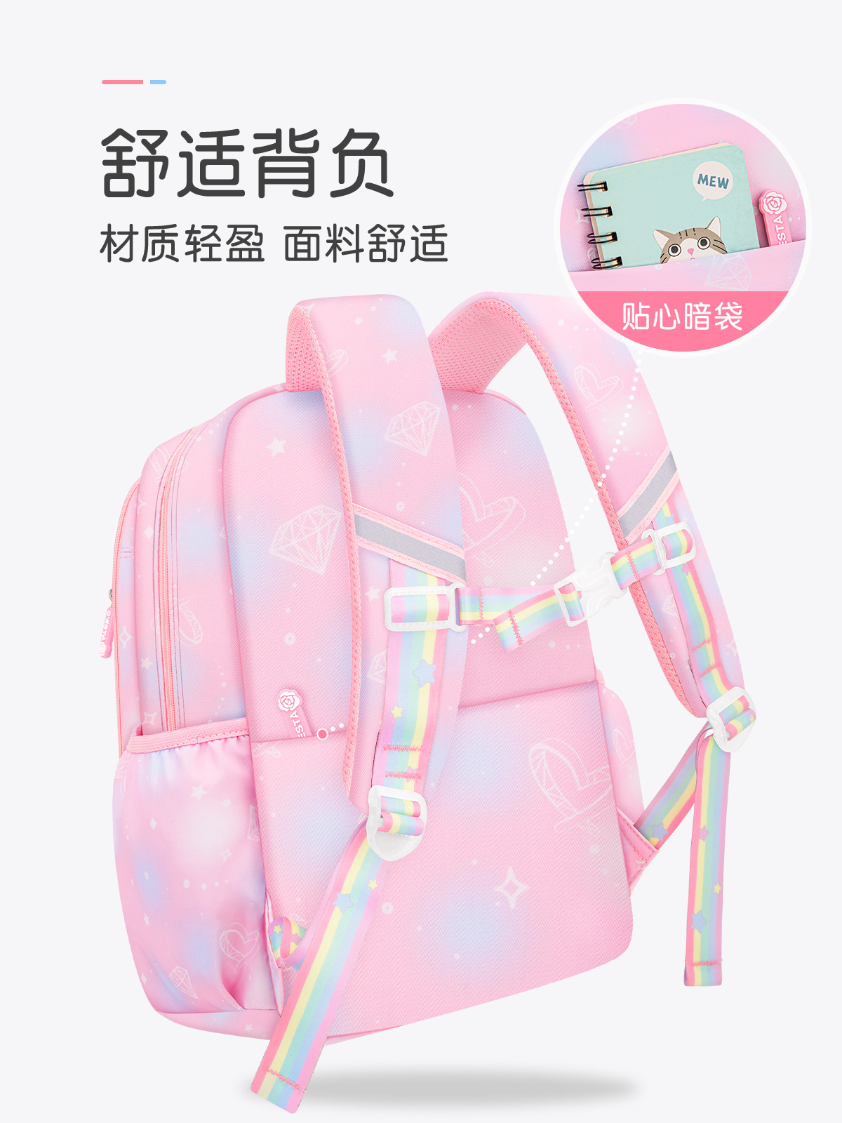 Mochila de reducción de carga respirable ligera de la puerta abierta linda del refrigerador de la nueva mochila de las muchachas para los estudiantes de la escuela primaria del Grado uno al grado seis