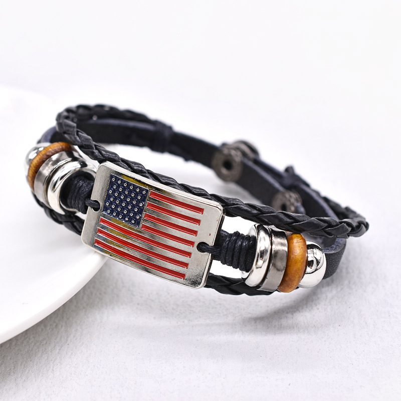 Retro American Flag Four-button Woven Leather Bracelet Red White Blue Flag Color Beaded Leather Bracelet Factory Outlet Retro American Flag Four-button Woven Leather Bracelet Red White Blue Flag Color Beaded Leather Bracelet Factory Outlet