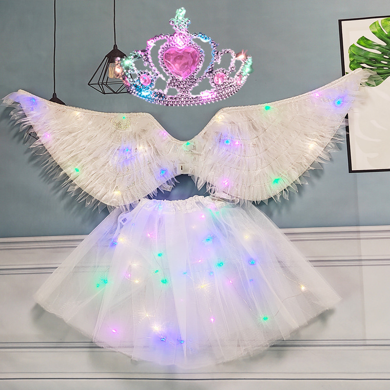 Alas de tela de hadas de neón blanco Falda de lámpara blanca Corona de lámpara rosa