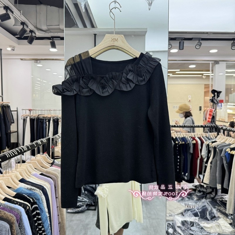 欧洲站2025早秋新款时尚字领拼边绵羊毛针织衫百搭上衣女潮|undefined