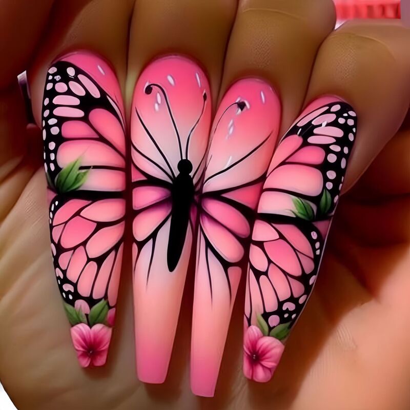 Press-On Fake Nail Patches, Long Ballet Nails, Pink Butterfly Pattern Nail Patches, Simple Summer Style Press-On Fake Nail Patches, Long Ballet Nails, Pink Butterfly Pattern Nail Patches, Simple Summer Style