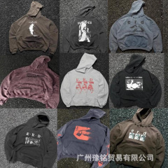 跨境实拍忧郁的富二代宽松水洗做旧人物头像印花破洞连帽卫衣长袖