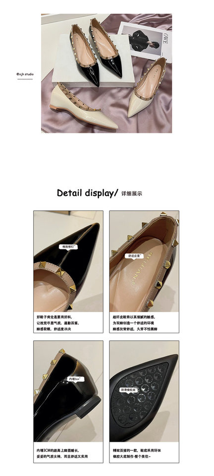 Giày cao gót nữ mũi nhọn đính đinh tán, đế xuồng gót thấp tăng chiều cao bên trong — Màu trắng be, Màu đen chi tiết 7