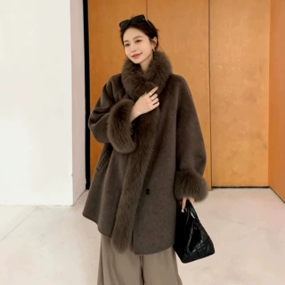 【冬日暖棕】双面呢羊绒大衣中长款狐狸毛领呢子皮草外套女秋冬新