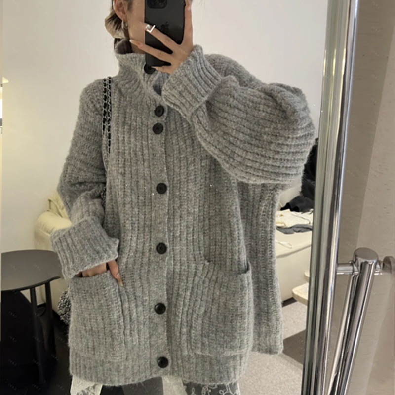 Kaning Korean-Style Soft and Loose Lazy Style Sweater Jacket 2026 Autumn and Winter New High-Neck Solid Color Knitted Cardigan