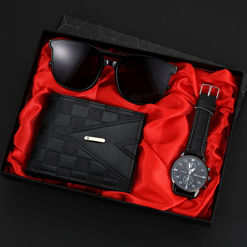 Men's Suit Watch, Belt, Wallet, Sunglasses Gift Set 3 Pieces/Set, Quartz Gift Box Trendy Watch with Large Dial