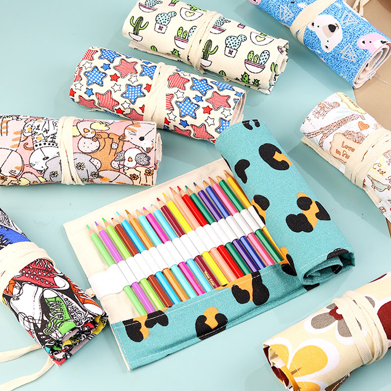 Weizhuang lienzo cortina de la pluma de 72 hoyos de gran capacidad lindo gato de dibujos animados hombres y mujeres lápiz caso lienzo boceto color plomo pintura bolsa de papelería