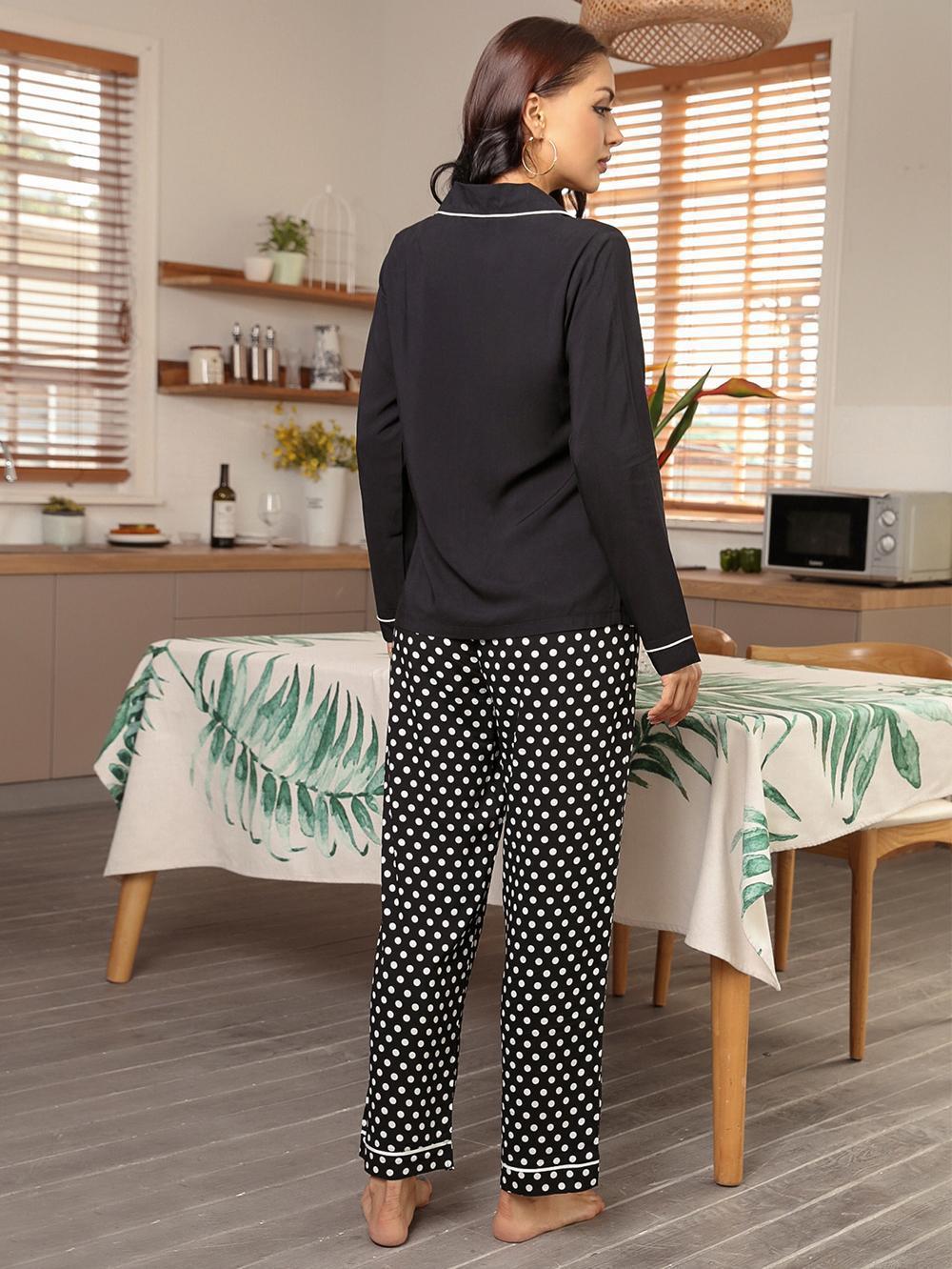 lapel long-sleeved loose polka dot top trousers Loungewear-Can be worn outside NSWFC130754