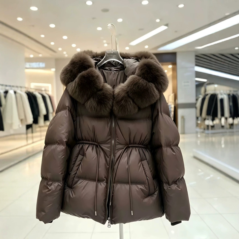 2026 new model long Korean-style mid-length down jacket with large fox fur collar, hood, waist-cinching, and thickened for warmth