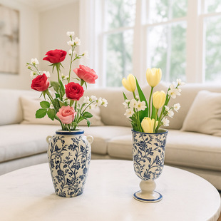 Retro Blue and White Ceramic Vase, Dried Flower Arrangement, Living Room Tv Cabinet, Artificial Flower Desktop Flower Arrangement