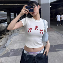 清仓 刺绣蝴蝶结修身短袖T恤女2025夏韩东大门款白色上衣bonn*e