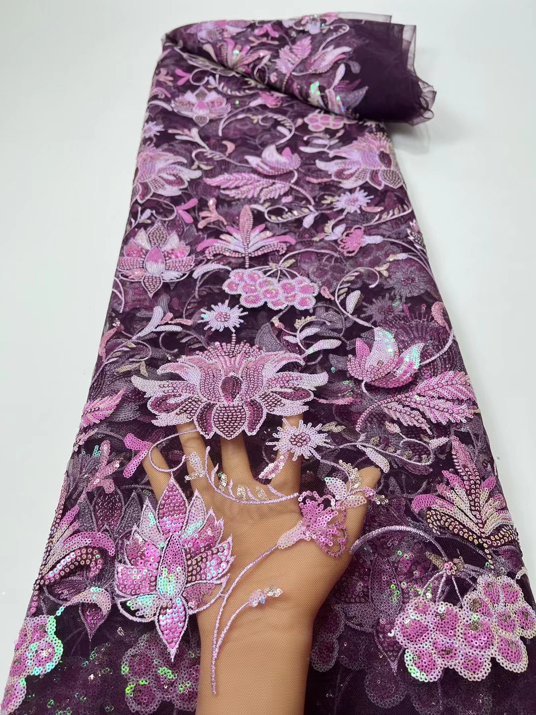 Teñido de punto flor grande suave malla fina encaje europeo y americano fishtail vestido noche lentejuelas tela JX2446