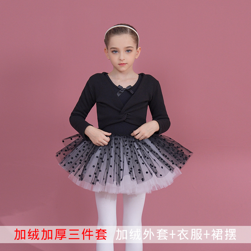 Children's dance clothing with added velvet and thickened winter long sleeved girls' training suit, children's ballet skirt jacket, black pure cotton