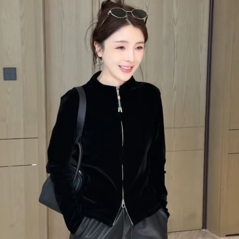 European Double Zipper Velvet 2025 Autum New Casual Versatile Long-Sleeved Cardigan Jacket Women's Short Jacket Top