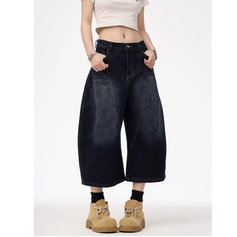 American Style Vintage Machete Letter Embroidered Jeans Unisex Loose Design Dipped Cropped Wide Leg Pants