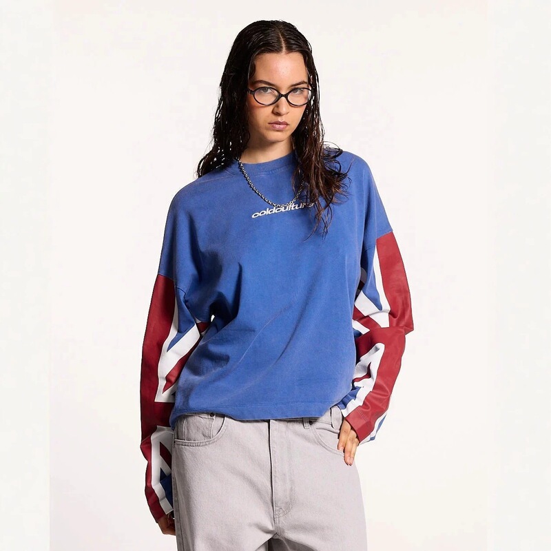 Cross-border TK American retro flag patchwork long-sleeve T-shirt for men and women, high street distressed blue loose-fitting base shirt, foreign trade trendy item Cross-border TK American retro flag patchwork long-sleeve T-shirt for men and women, high street distressed blue loose-fitting base shirt, foreign trade trendy item