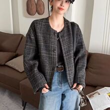 2025新款复古圆领格纹外套女宽松短款小香风上衣秋季百搭格纹夹克