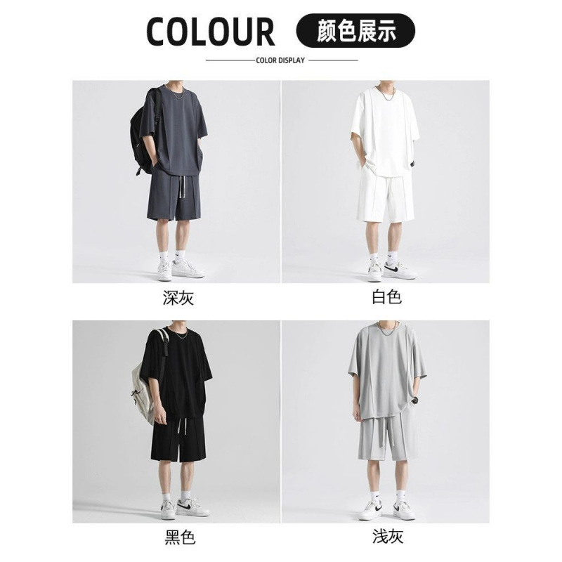 Camiseta de manga corta de seda de hielo traje casual verano para hombres 2024 nuevo traje de pareja de secado rápido deportivo de color sólido de dos piezas