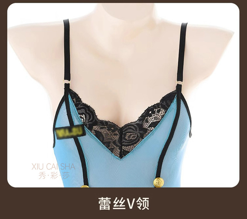 Crotchless See-Through Policewoman Costume Jumpsuit with Hat, One Size, Black Polyester — detail image 19