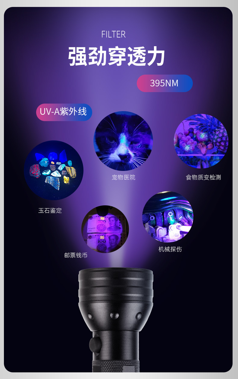Hunter 51Led Purple Light Flashlight 395Uv Ultraviolet Money Detector Lamp Scorpion Lamp Pet Urine Household Flashlight