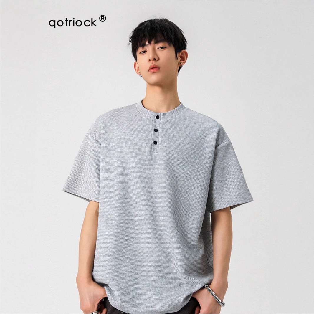 Camiseta de peso pesado con cuello Henry americano para hombre waffle de verano hombro de manga corta camiseta casual suelta