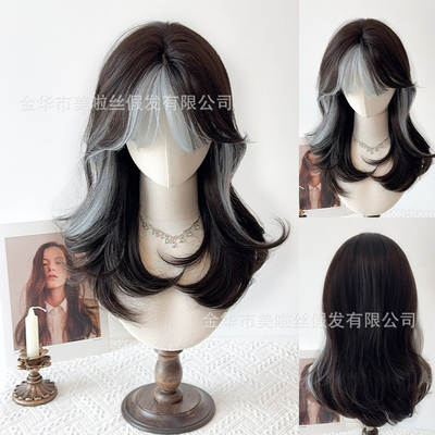 [baby blue] blue S-shaped outline highlights wig women's whole top simulation shawl hair square face mixed blood hair color