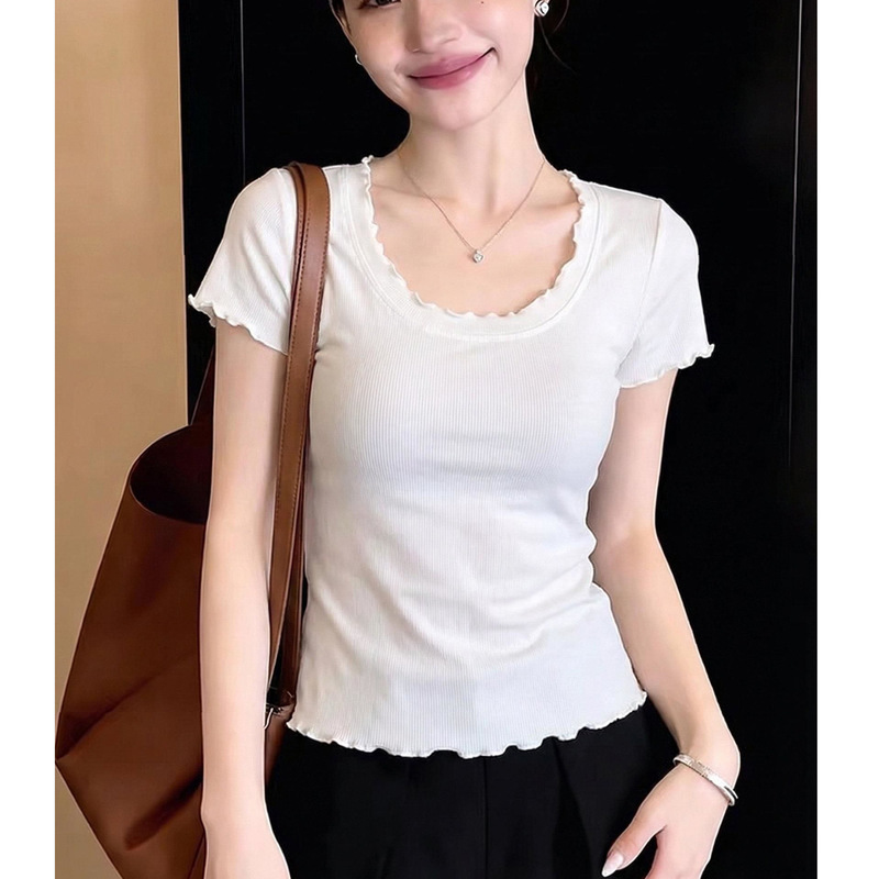 Korean-Style Chic Ruffled Short-Sleeve White Top for Women, Summer High-End Slim-Fit U-Neck Slimming Regular Shoulder T-Shirt