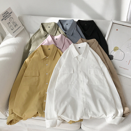 Men's Long-Sleeve Work Jacket, Versatile Casual Urban Style, Student-Friendly, Hip-Hop Trend Brand, Instagram-Inspired, Spring and Autumn Season, Hong Kong Style, Solid Color Shirt