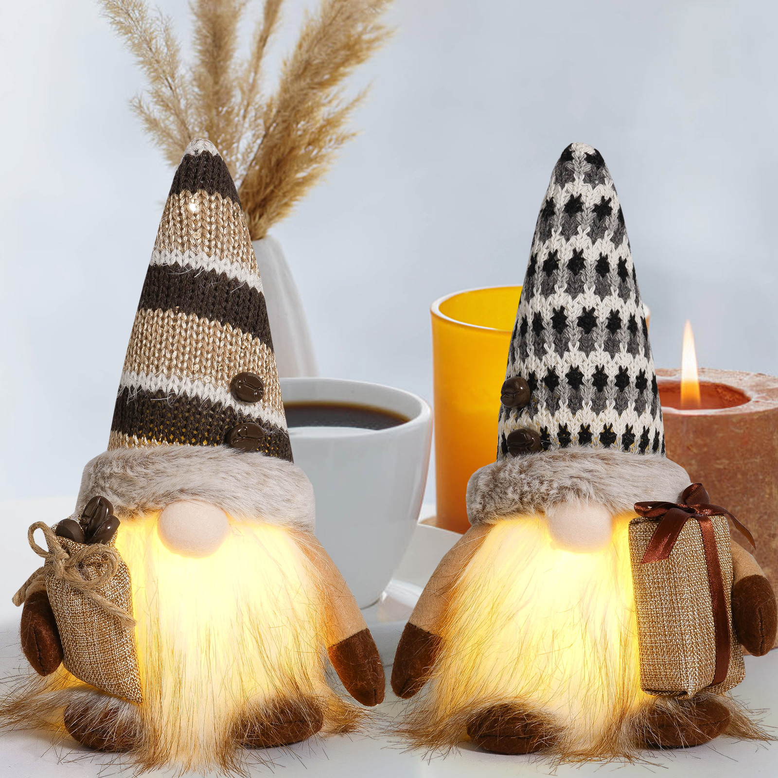 Nuevos productos transfronterizos de café luminoso muñeca sin cara encantadora bolsa de café de punto con luces del duende Rudolph decoración