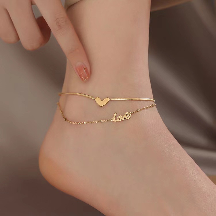 5g Weight 0.03µm-0.05µm Gold Plating Thickness Wholesale Jewelry Fashion Letter Heart Shape 304 Stainless Steel 16K Gold Plated White Gold Plated Gold Plated Plating Anklet