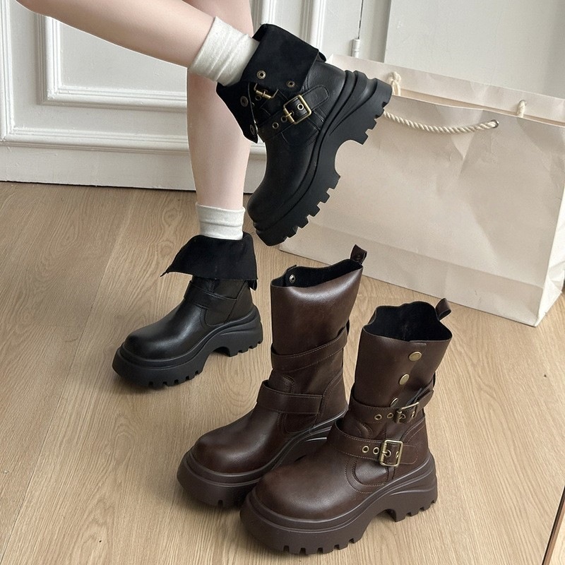 英伦风休闲增高马丁靴女2025秋冬新款复古两穿中筒厚底翻折时装靴|undefined