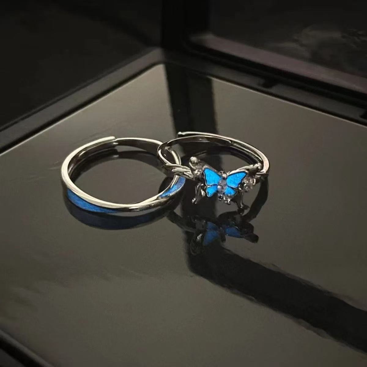 Niche High-End Dreamy Blue Butterfly Luminous Butterfly Couple Ring Light Luxury Versatile Luminous Atmosphere Men's and Women's Ring