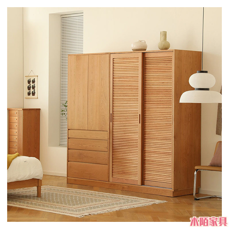 Solid Wood Wardrobe, North American Cherry Wood Sliding Louvered Door, Sliding Door Storage Cabinet, Nordic Log Simple Bedroom Large Wardrobe