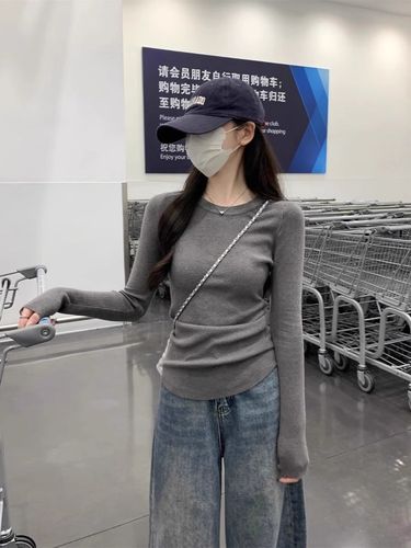 Zhao Lusi Thick Gray Spring Knit Crew Neck Sweater Inner Top Slimming and Fashionable Universal Women's Top