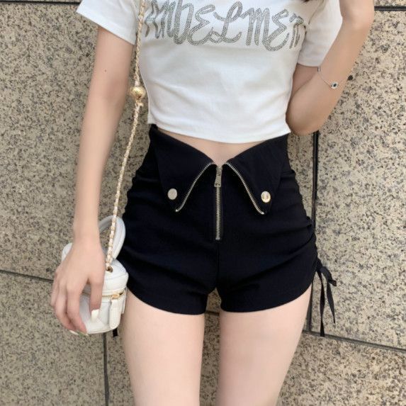 2022 Verano de gran tamaño gordo negro pantalones de pierna ancha de las mujeres de cintura alta desgaste exterior cordón pantalones cortos cremallera A-line casual pantalones calientes