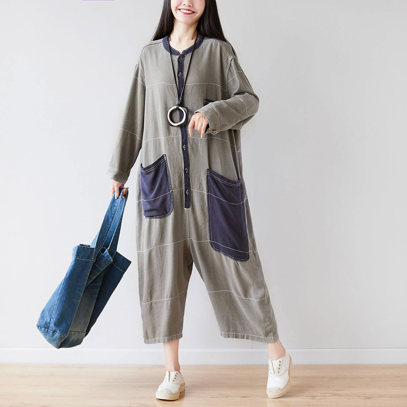 2025 New Summer Style Round Neck Three-Point Large Size Slimming Look Jumpsuit Cotton and Linen Personalized Distressed Pants Wandering Notes