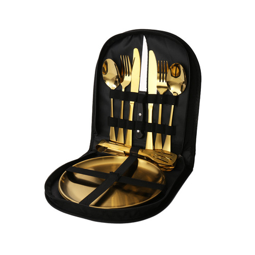 Outdoor tableware stainless steel camping barbecue steak knife fork spoon chopsticks travel portable set bag camping tableware