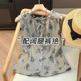 仅用于产品展示勿拍-复古色亚麻刺绣无袖衬衫女夏季外穿巨好看木