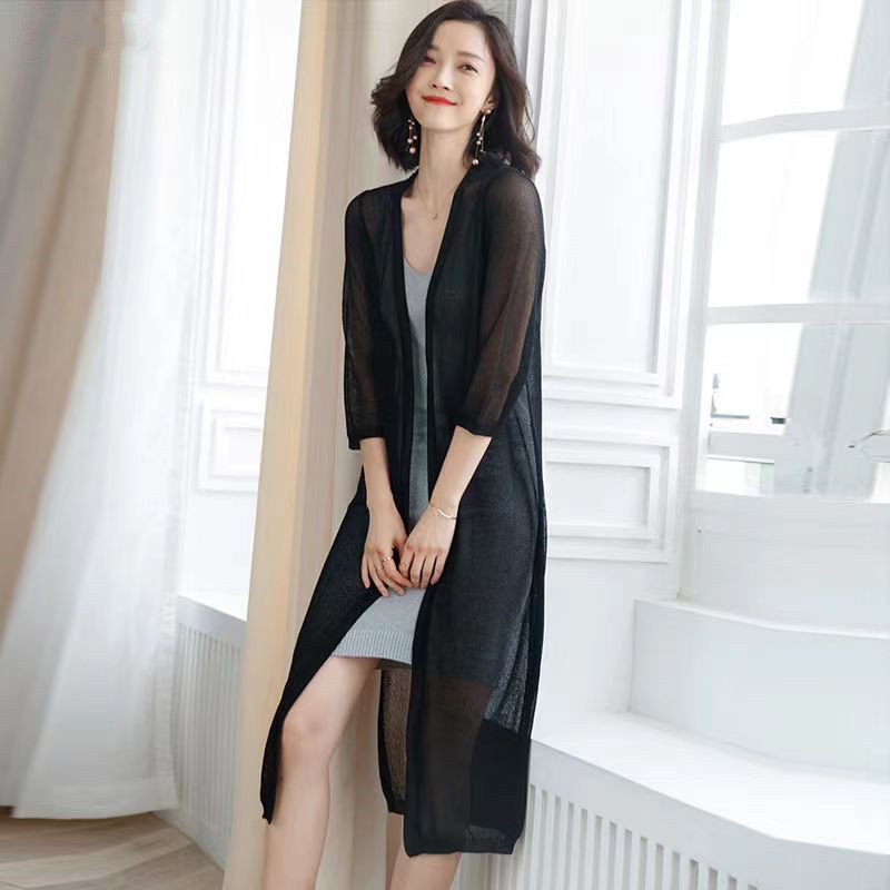 Ice Silk Knitted Cardigan Women's Sun Protection Clothing Mid-length Sleeve Summer Thin Shawl Outer Wear Loose Air-conditioning Shirt Jacket