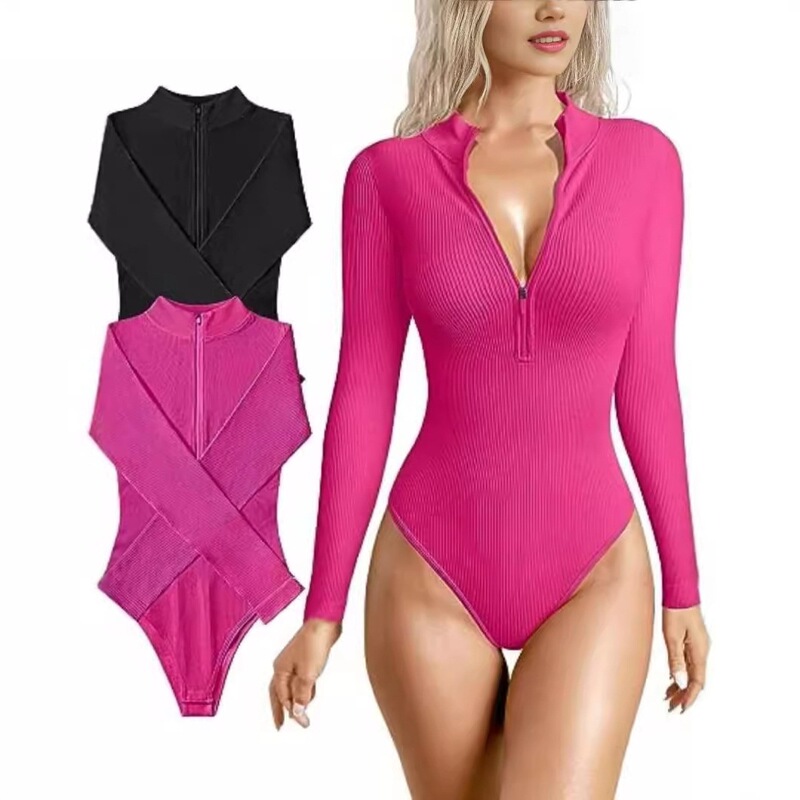 European and American Cross-Border Amazon 2023 Long-Sleeved Jumpsuit Sexy Ribbed One-Piece Front Zipper Long-Sleeved Top Jumpsuit European and American Cross-Border Amazon 2023 Long-Sleeved Jumpsuit Sexy Ribbed One-Piece Front Zipper Long-Sleeved Top Jumpsuit