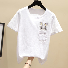 2025年夏刺繍竹節綿丸襟半袖tシャツ上着女性純綿白色夏服半袖カーディガン