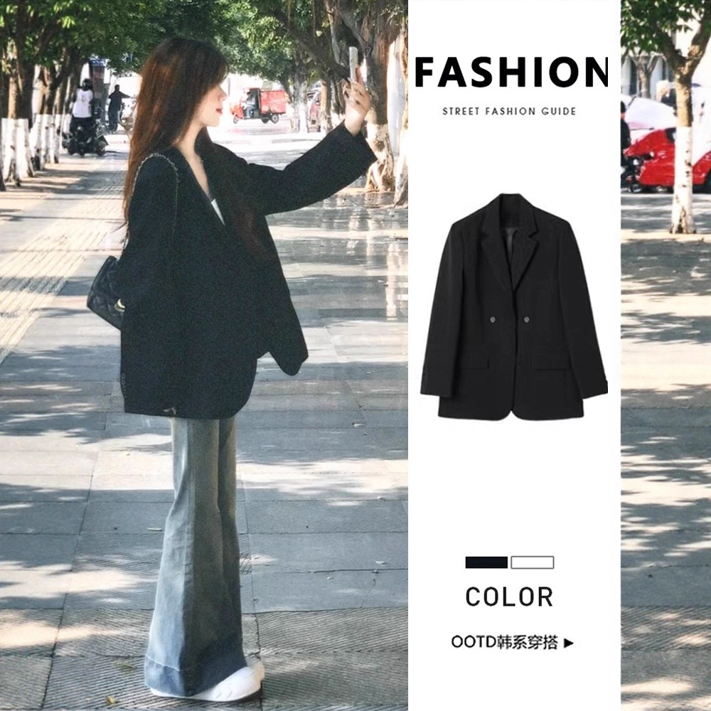 Black Blazer for Petite Women 2025 Spring and Autumn New High-End Street Style Loose Casual Suit Top