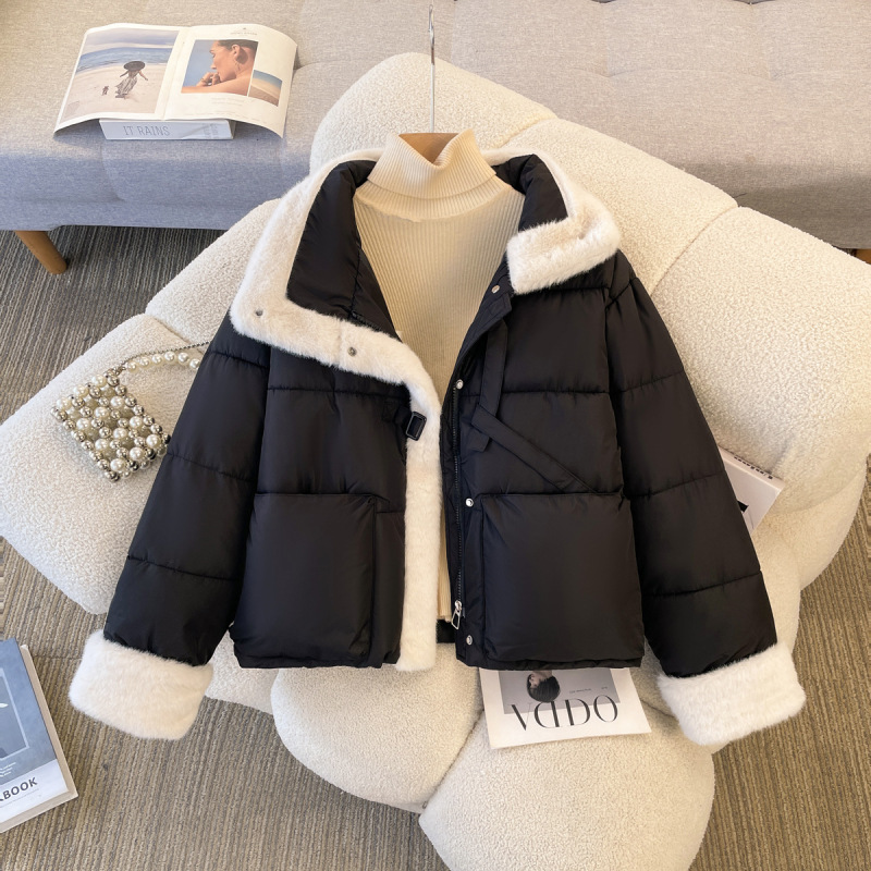 ヨーロッパのファッショナブルなショートスタンドカラーローエッジスプライシングコットンコート女性用2025冬のファッショナブルな暖かいコットンコートとジャケット|undefined
